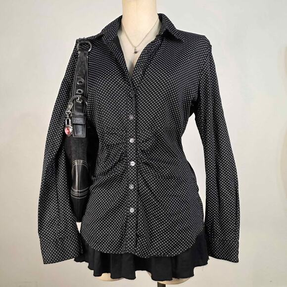 New York & Company Tops - Y2K Ruched Fitted Blouse Black Micro Dot Button Up Size Large Office Siren